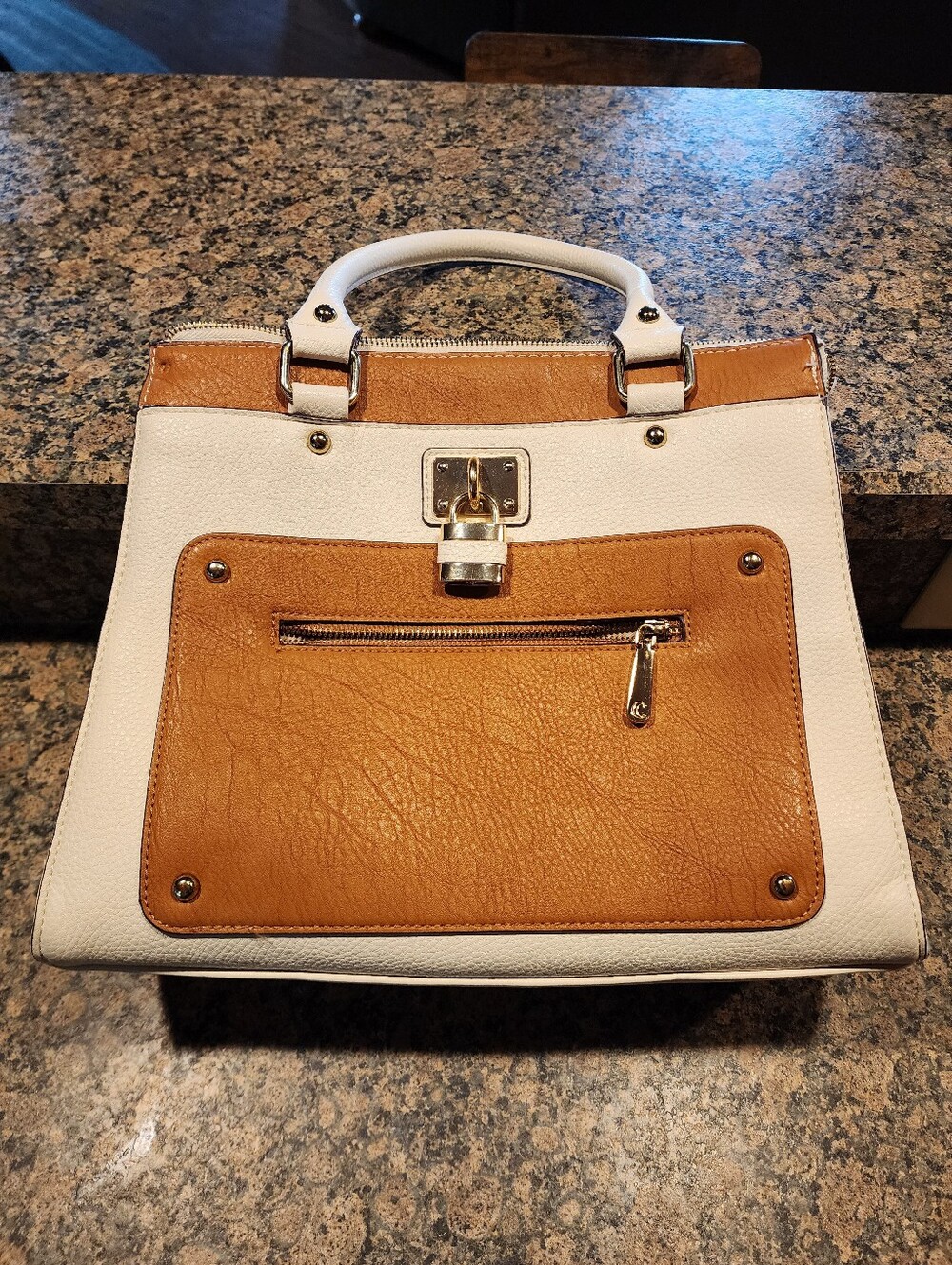 Charming Charlie White and Tan Structured Satchel Handbag